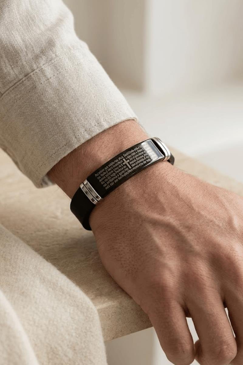 PULSEIRA MASCULINA AÇO INOX PLACA DIZERES BORRACHA