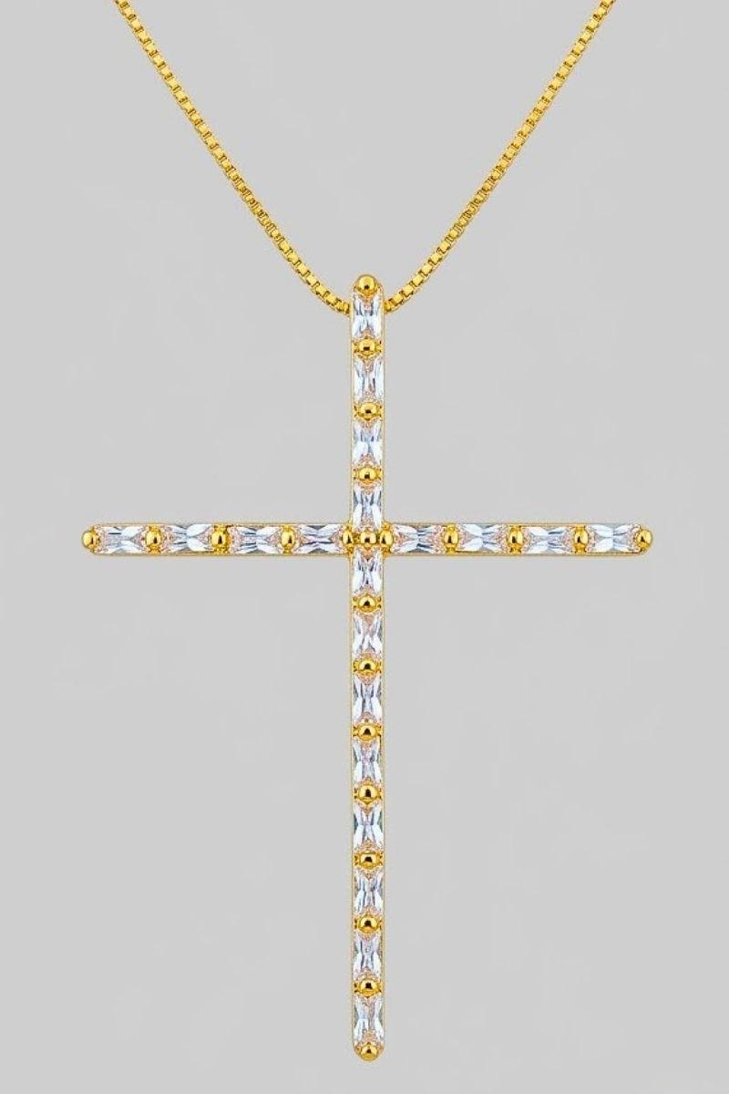 COLAR CRUZ ZIRCONIAS BAGUETE 60MM OURO