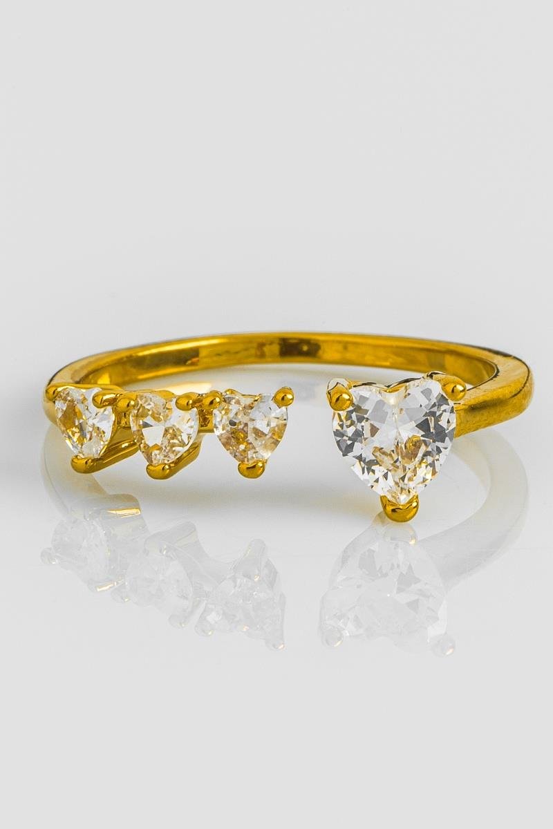 ANEL REGULÁVEL QUATRO CORAÇÕES ZIRCÔNIAS CRISTAL OURO