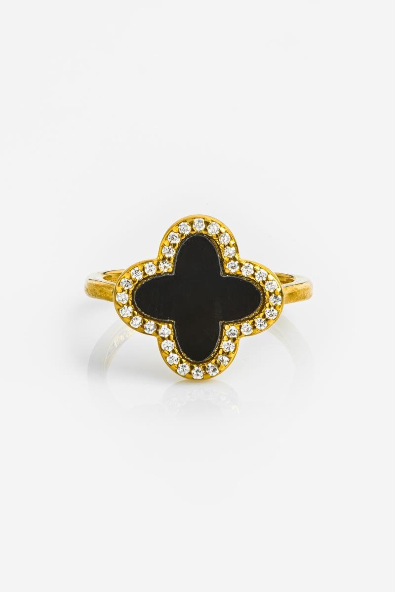 ANEL REGULÁVEL TREVO CRAVEJADO EM ZIRCÔNIAS 15X16MM OURO
