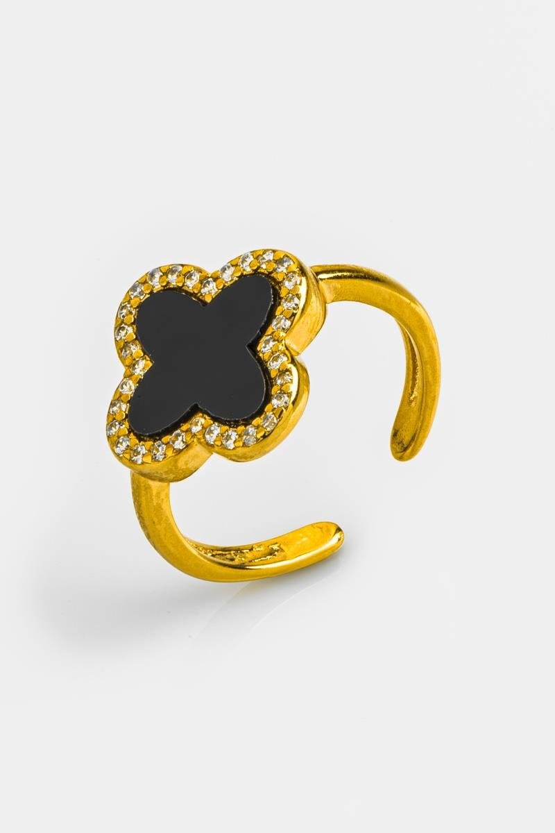 ANEL REGULÁVEL TREVO CRAVEJADO EM ZIRCÔNIAS 15X16MM OURO