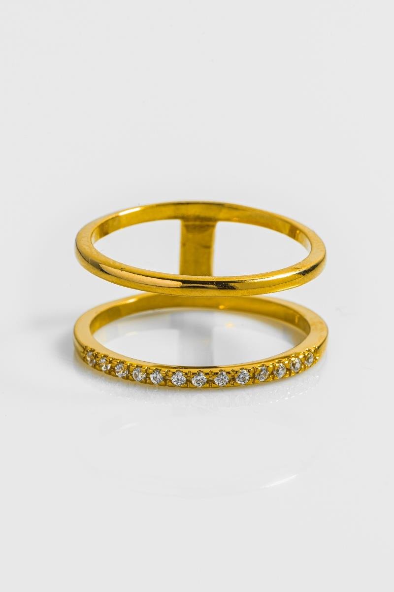 ANEL FIO DUPLO CRAVEJADO EM ZIRCÔNIAS E FIO LISO OURO