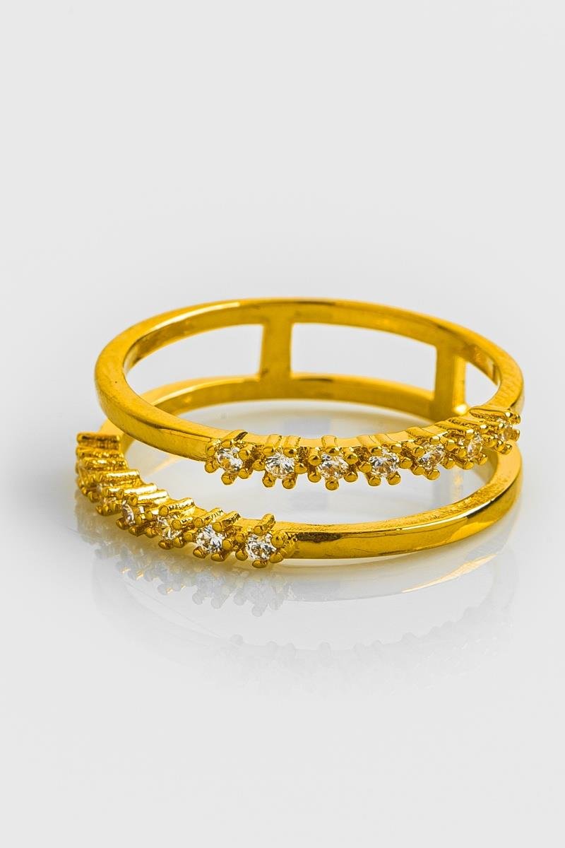 ANEL DUPLO CRAVEJADO EM ZIRCÔNIAS DETALHE FLORZINHA FIO LISO OURO