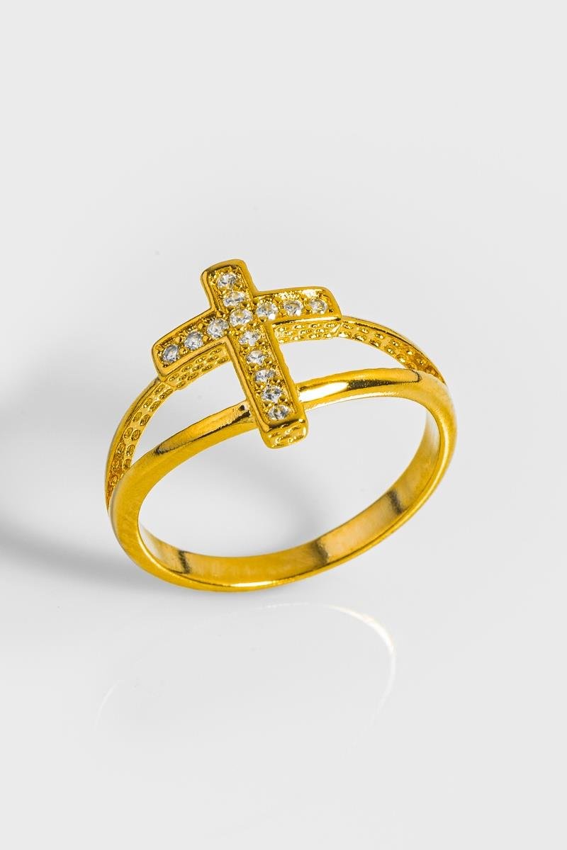 ANEL CRUZ CRAVEJADA EM ZIRCÔNIAS FIO DUPLO LISO OURO