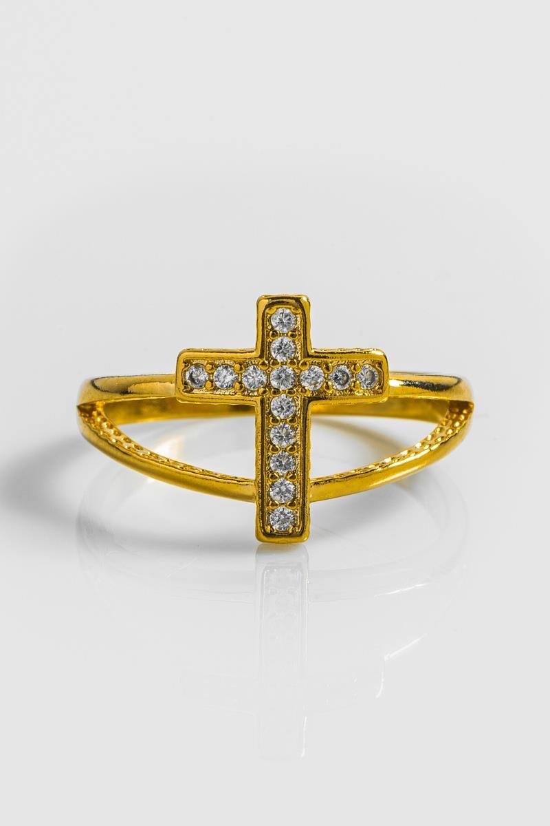 ANEL CRUZ CRAVEJADA EM ZIRCÔNIAS FIO DUPLO LISO OURO