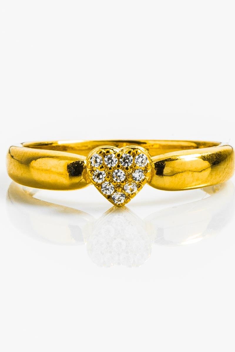 ANEL SOLITÁRIO CORAÇÃO CRAVEJADO EM ZIRCÔNIAS 5X6MM ARO GROSSO OURO