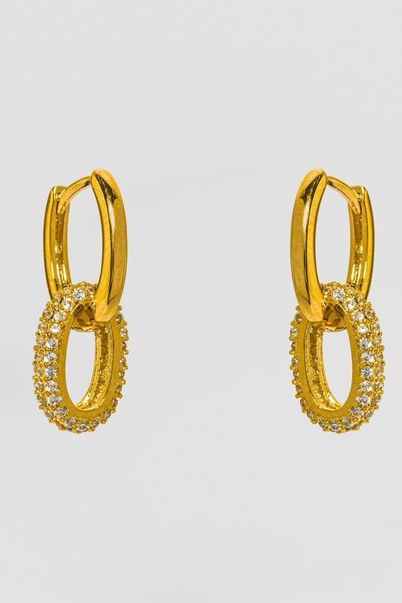 BRINCO ARGOLA DUPLA COM ELO OVAL CRAVEJADO EM ZIRCÔNIAS CLICK OURO