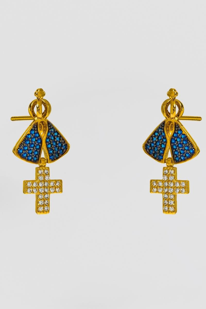 BRINCO NSA CRAVEJADA EM ZIRCÔNIAS SAFIRA RÓDIO PINGENTE DE CRUZ OURO