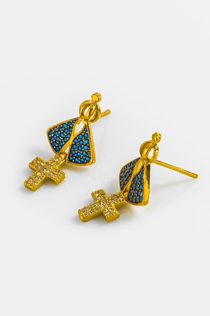 BRINCO NSA CRAVEJADA EM ZIRCÔNIAS SAFIRA RÓDIO PINGENTE DE CRUZ OURO