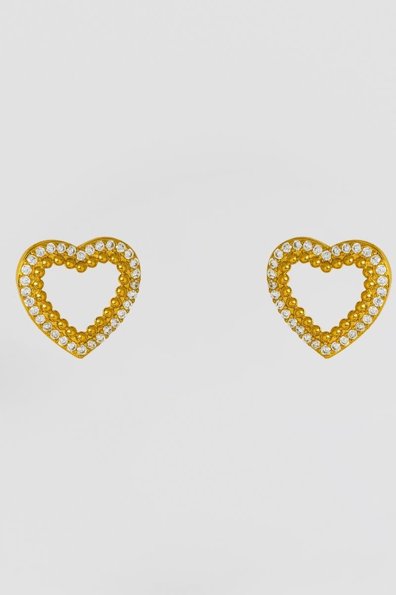 BRINCO CORAÇÃO CRAVEJADO EM ZIRCÔNIAS COM DETALHE BOLEADO VAZADO 14X15MM OURO