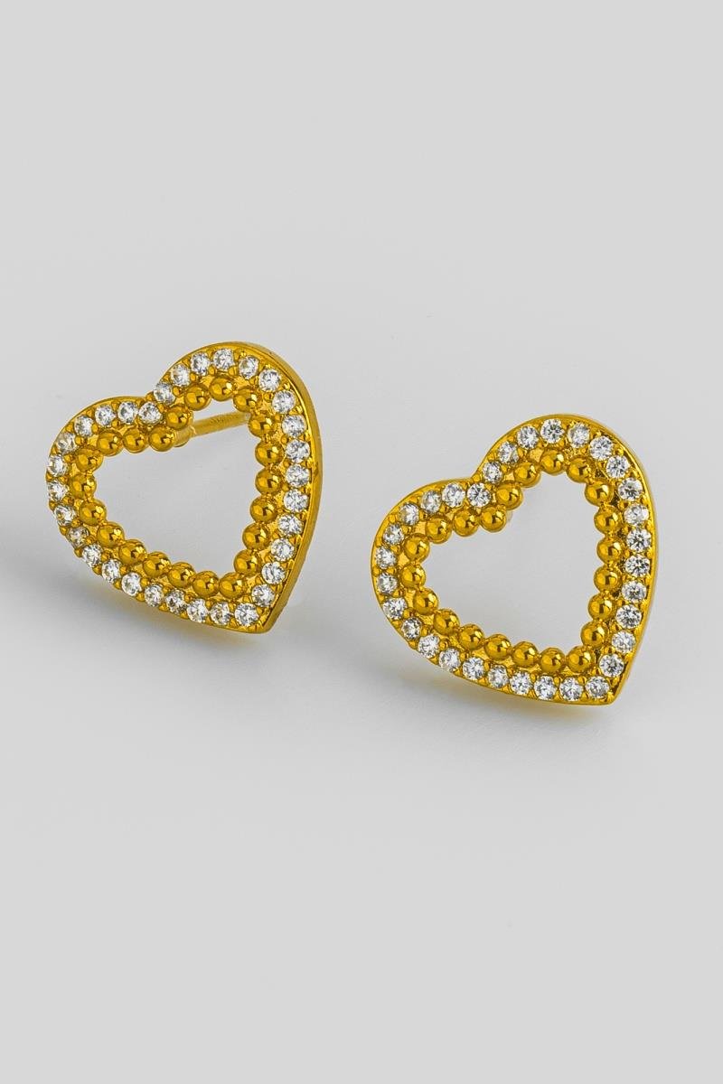 BRINCO CORAÇÃO CRAVEJADO EM ZIRCÔNIAS COM DETALHE BOLEADO VAZADO 14X15MM OURO
