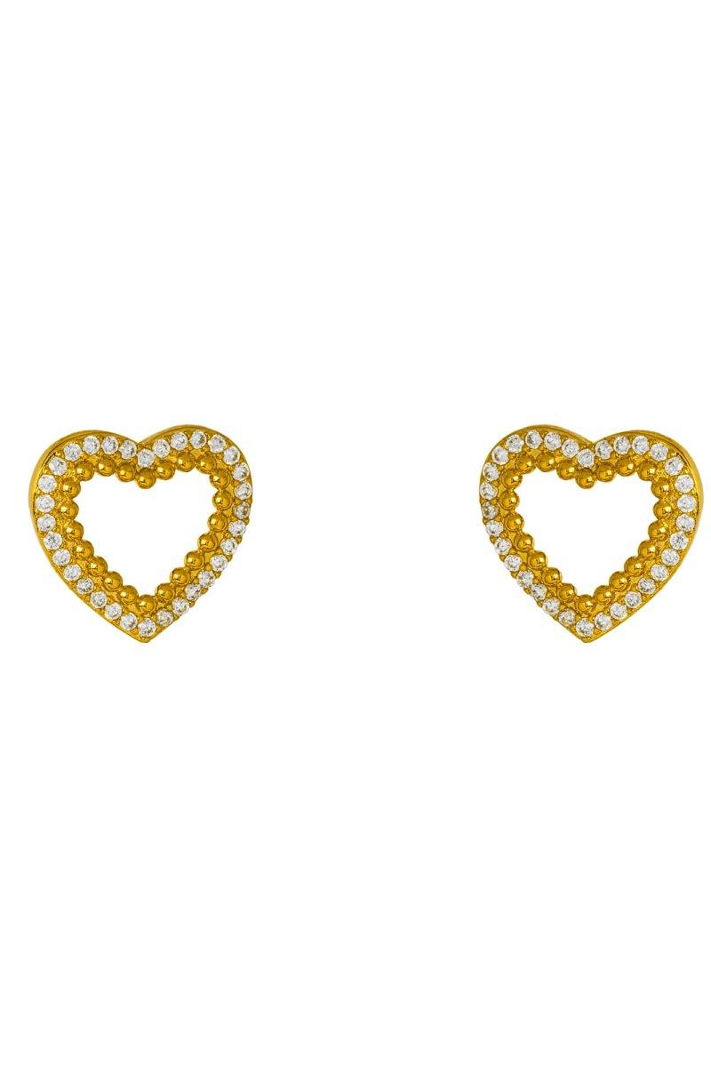 BRINCO CORAÇÃO CRAVEJADO EM ZIRCÔNIAS COM DETALHE BOLEADO VAZADO 14X15MM OURO