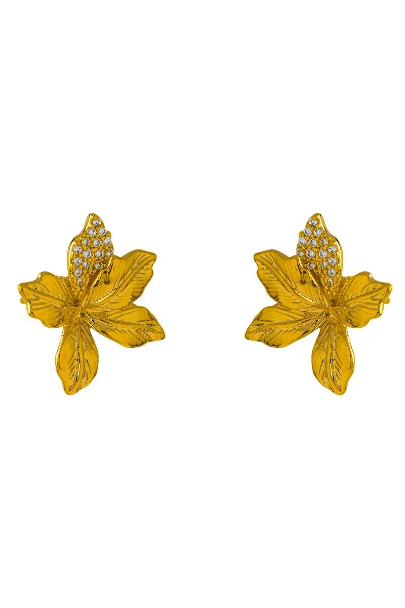 BRINCO FLOR CRAVEJADA EM ZIRCÔNIAS COM DETALHE NAS PÉTALAS 15MM OURO