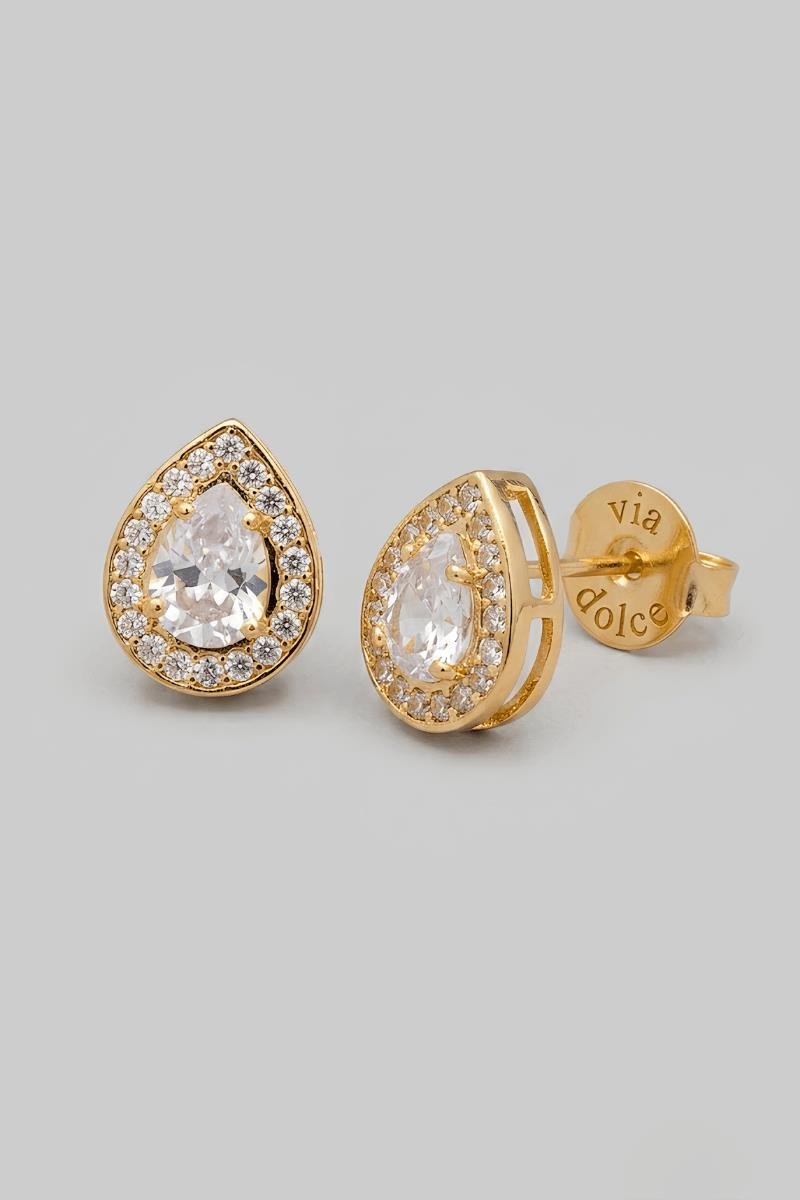 BRINCO GOTA CRAVEJADO EM ZIRCÔNIAS CRISTAL 10X12MM OURO