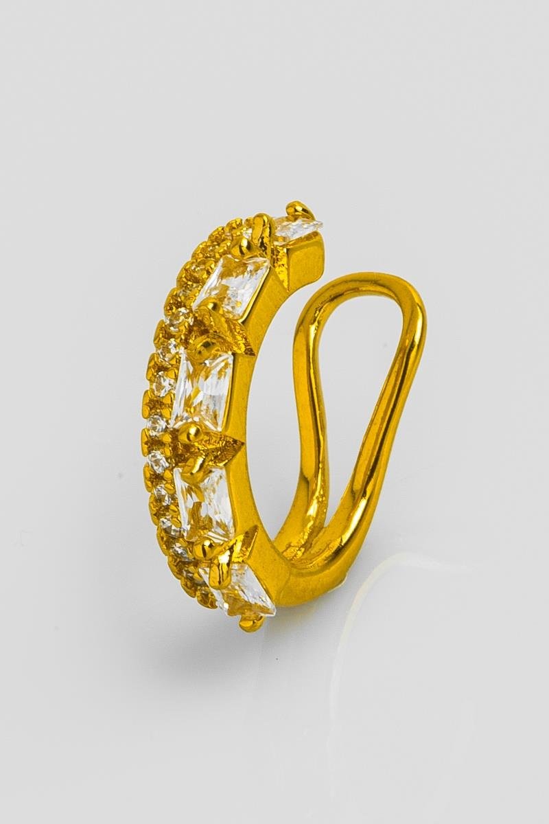 BRINCO PIERCING FIO DUPLO CRAVEJADO EM ZIRCÔNIAS BAGUETE OURO
