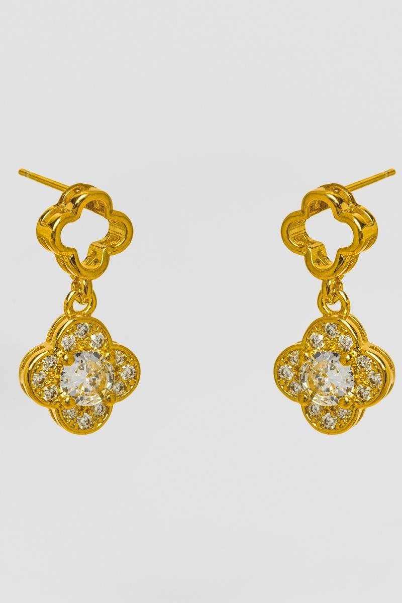BRINCO TREVO DUPLO CRAVEJADO EM ZIRCÔNIAS 11MM BASE VAZADA 8MM OURO