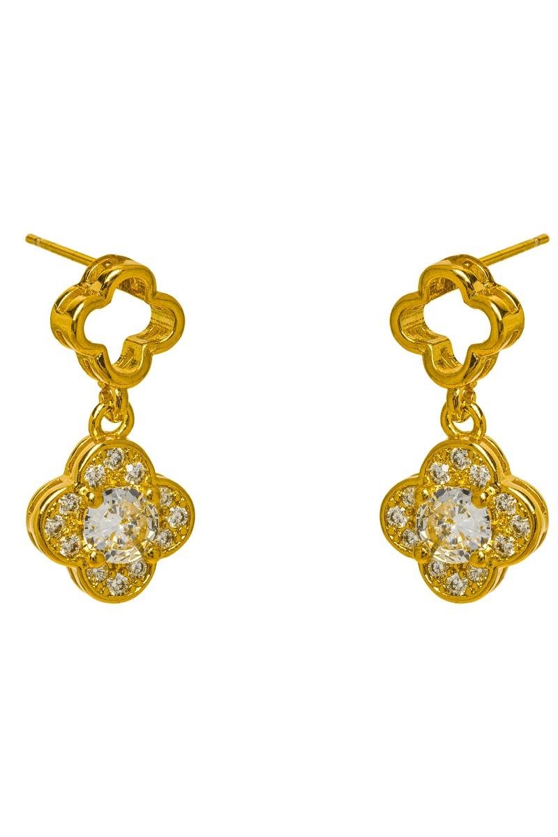 BRINCO TREVO DUPLO CRAVEJADO EM ZIRCÔNIAS 11MM BASE VAZADA 8MM OURO
