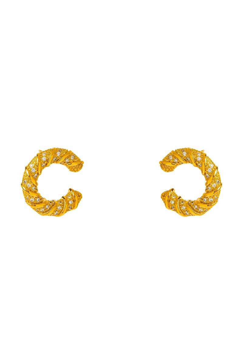 BRINCO MEIA ARGOLA TRANÇADA COM FIOS LISO CRAVEJADO EM ZIRCÔNIAS 17MM OURO