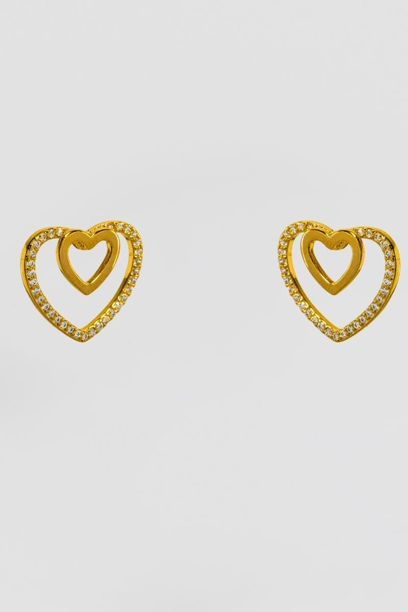 BRINCO CORAÇÃO DUPLO LISO E CRAVEJADO EM ZIRCÔNIAS 20MM OURO