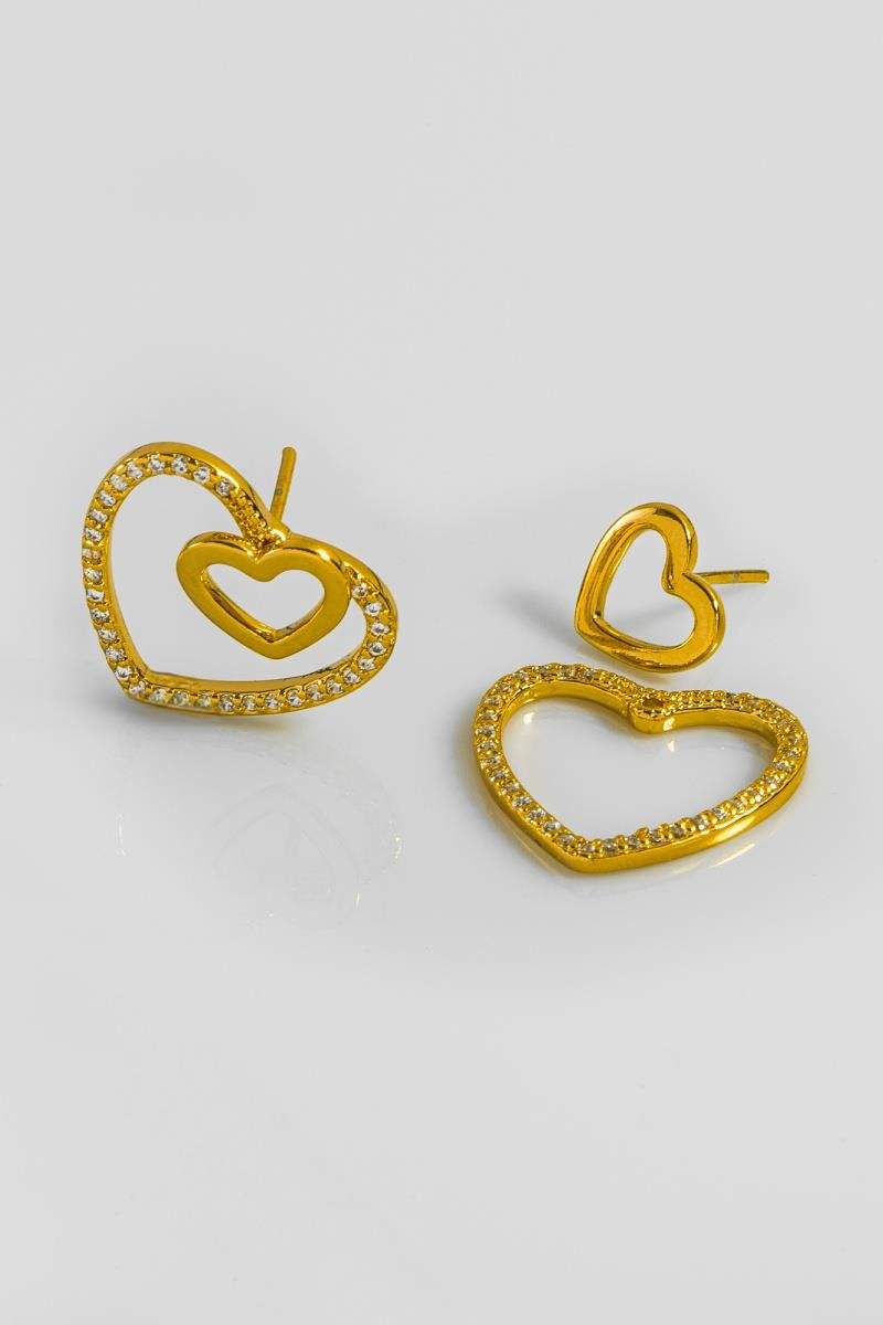 BRINCO CORAÇÃO DUPLO LISO E CRAVEJADO EM ZIRCÔNIAS 20MM OURO