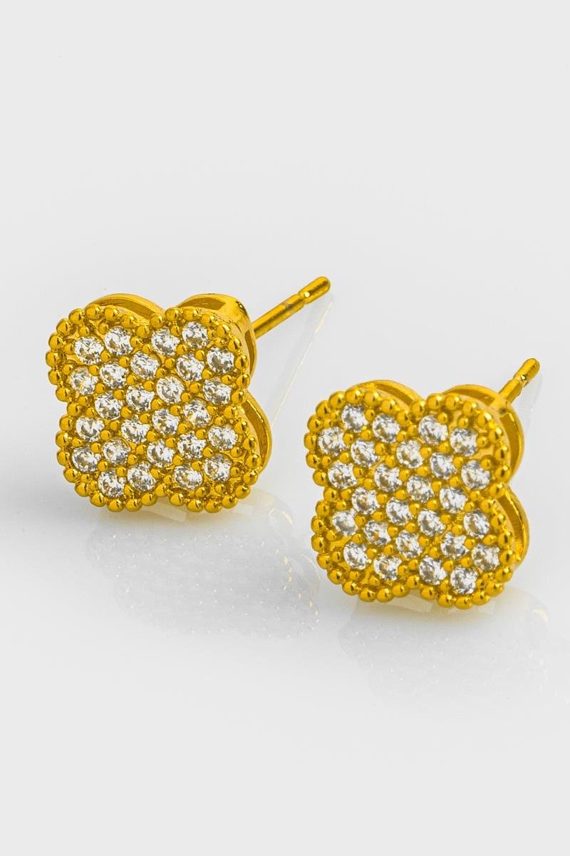 BRINCO TREVO CRAVEJADO EM ZIRCÔNIAS DETALHE BOLEADO 10MM OURO