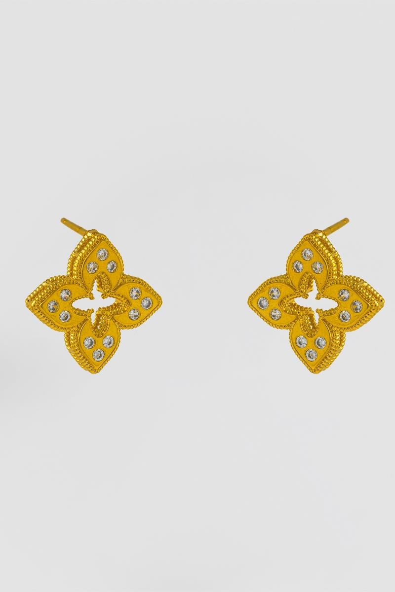 BRINCO DE FLOR CRAVEJADA EM ZIRCÔNIAS VAZADO COM LATERAL DIAMANTADA 17MM OURO
