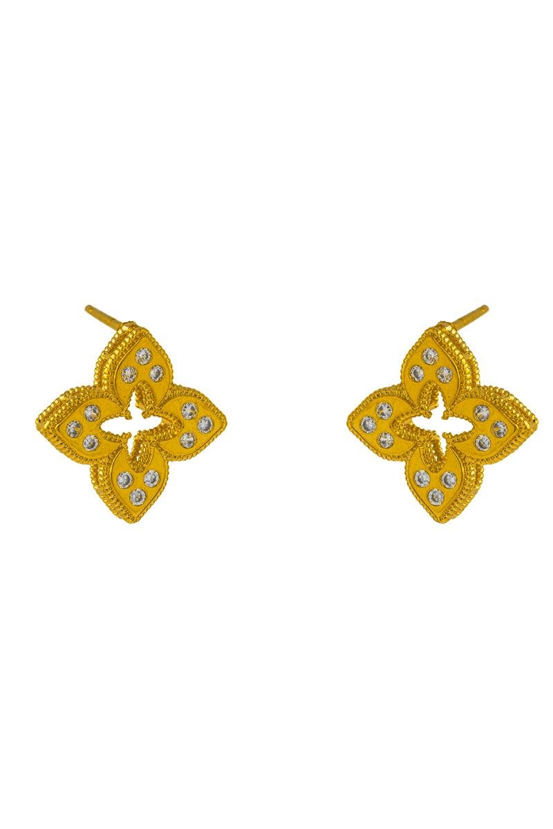 BRINCO DE FLOR CRAVEJADA EM ZIRCÔNIAS VAZADO COM LATERAL DIAMANTADA 17MM OURO