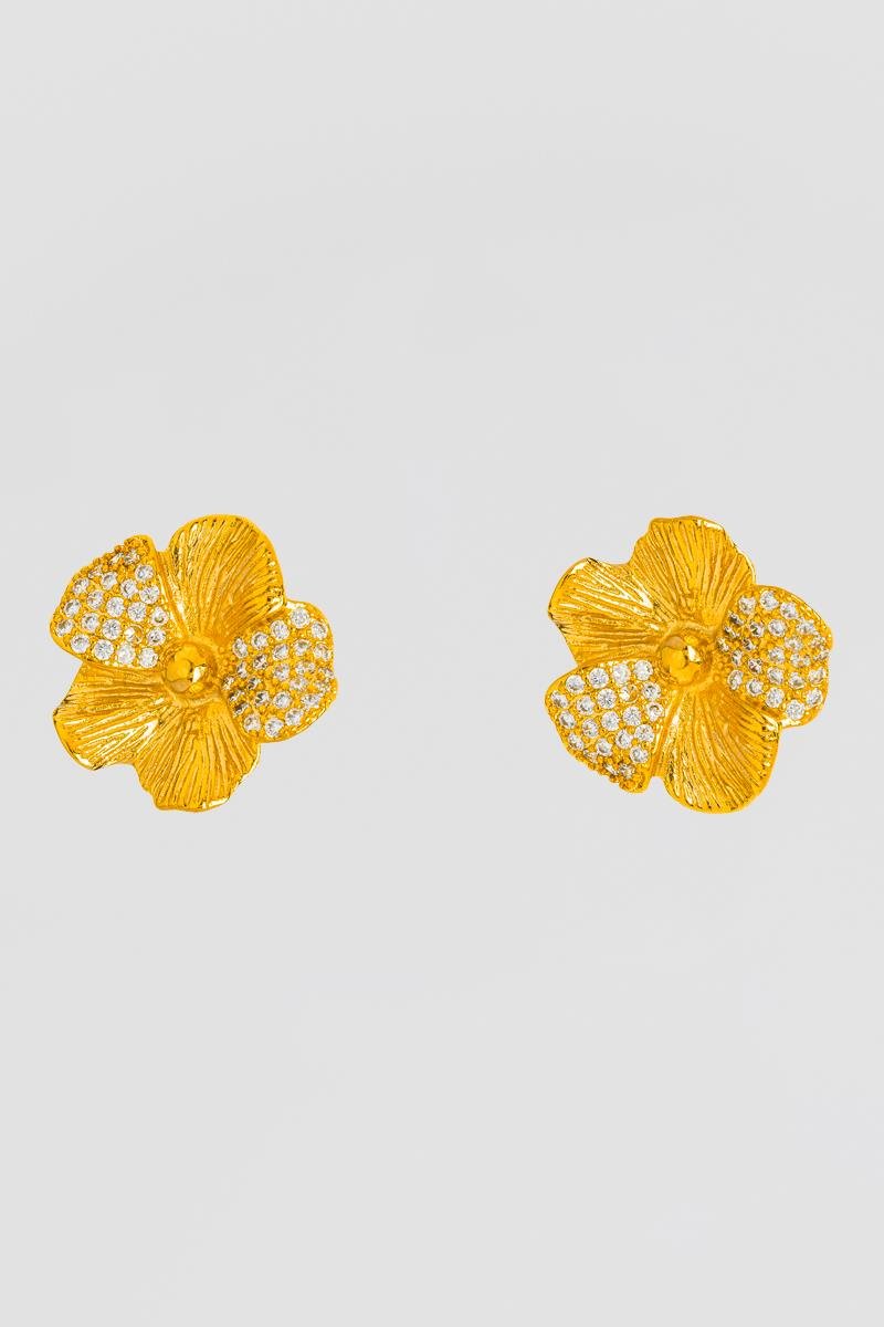 BRINCO FLOR CRAVEJADA EM ZIRCÔNIAS E PÉTALAS DETALHADAS 19MM OURO