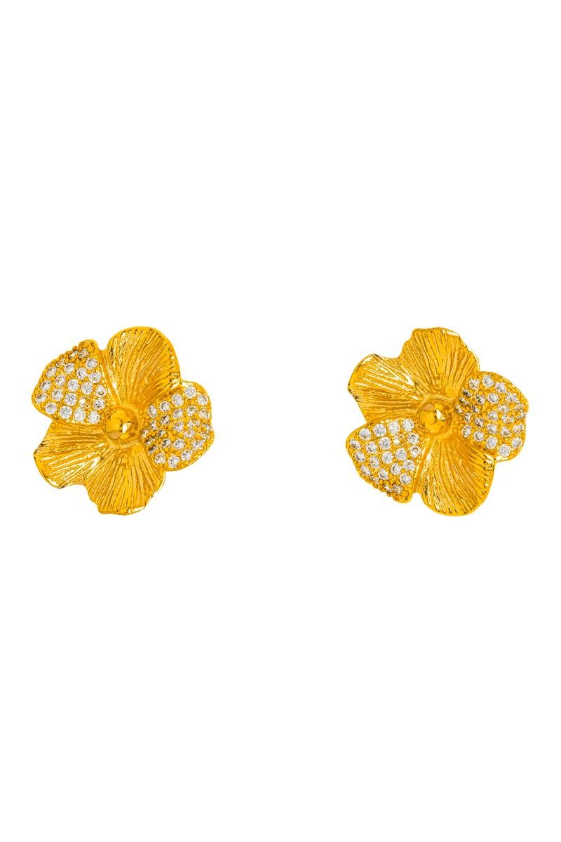 BRINCO FLOR CRAVEJADA EM ZIRCÔNIAS E PÉTALAS DETALHADAS 19MM OURO
