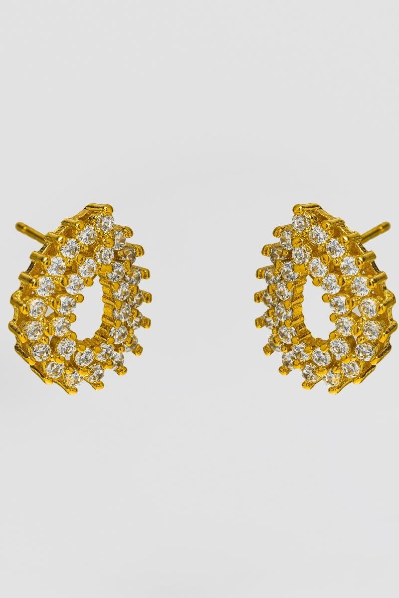 BRINCO DE GOTA CRAVEJADA DOIS FIOS EM ZIRCÔNIAS VAZADO 14X11MM OURO