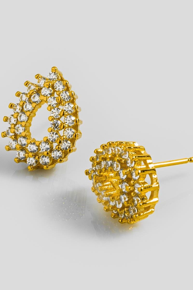 BRINCO DE GOTA CRAVEJADA DOIS FIOS EM ZIRCÔNIAS VAZADO 14X11MM OURO