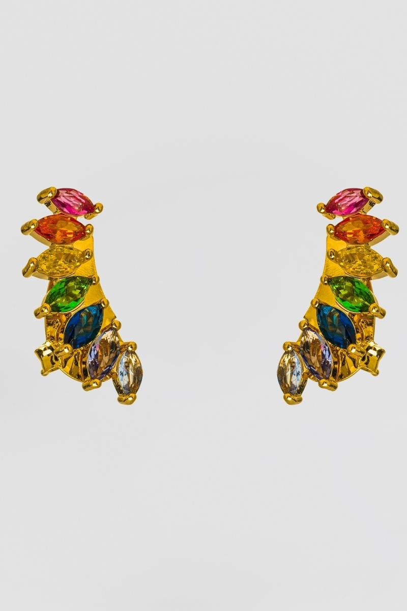 BRINCO EAR CUFF COM ZIRCÔNIAS NAVETE COLORIDAS 23X7MM OURO