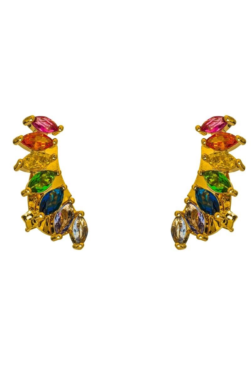 BRINCO EAR CUFF COM ZIRCÔNIAS NAVETE COLORIDAS 23X7MM OURO