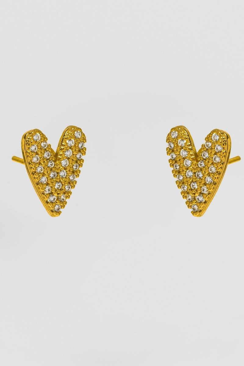 BRINCO CORAÇÃO LONGO CRAVEJADO EM ZIRCÔNIAS BOLEADO 10X13MM OURO