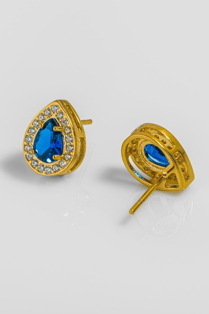 BRINCO GOTA CRAVEJADO EM ZIRCÔNIAS SAFIRA 10X12MM OURO