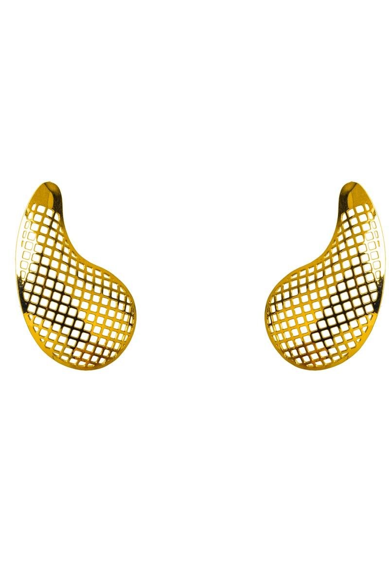 BRINCO DE GOTA FORMATO VIRGULA DETALHE LOSANGO VAZADO 32MM OURO