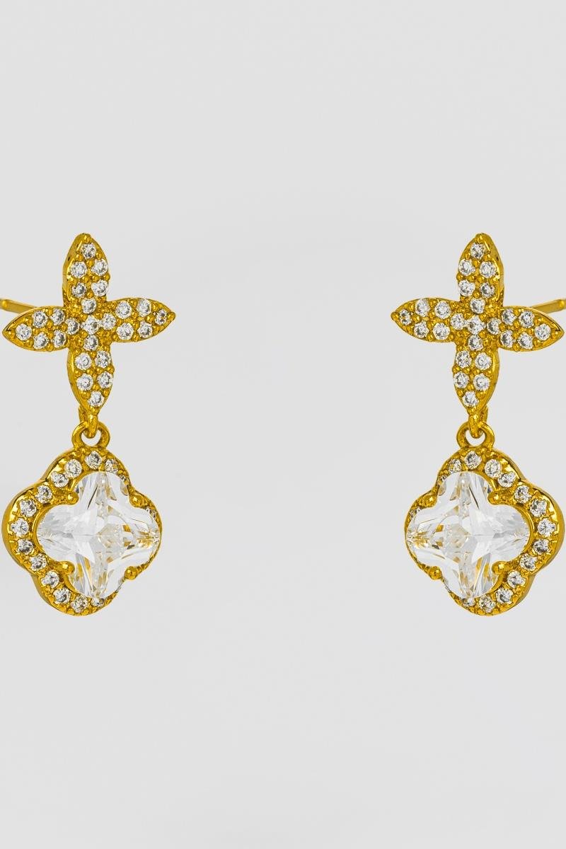 BRINCO TREVO DE PONTO DE LUZ BASE DE FLOR CRAVEJADA EM ZIRCÔNIAS OURO