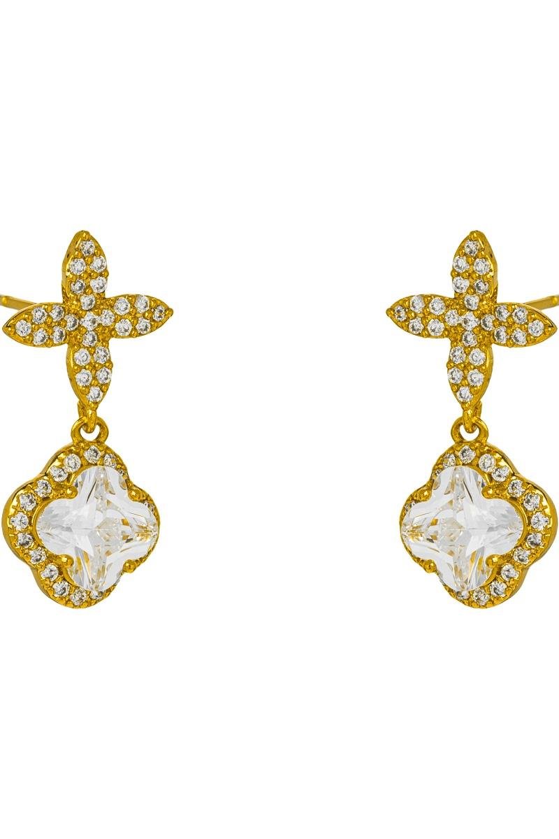 BRINCO TREVO DE PONTO DE LUZ BASE DE FLOR CRAVEJADA EM ZIRCÔNIAS OURO