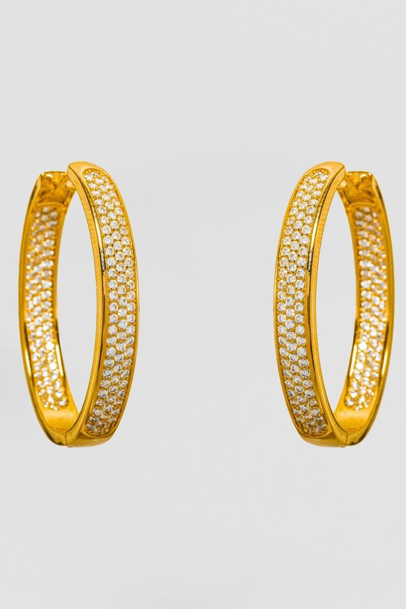 BRINCO OVAL CRAVEJADO EM ZIRCÔNIAS INTERNO E EXTERNO 36X28MM OURO