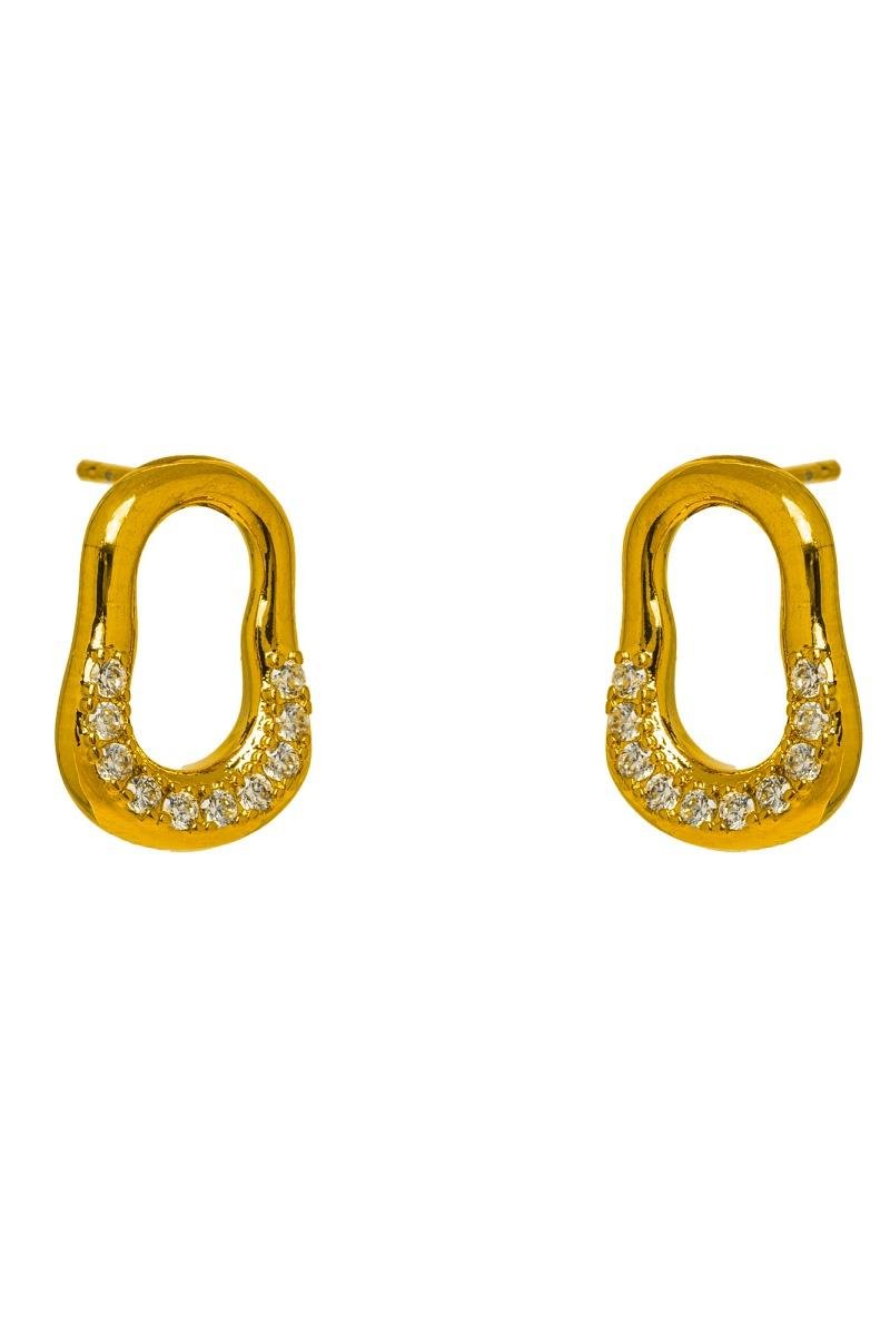 BRINCO ORGÂNICO OVAL VAZADO CRAVEJADO EM ZIRCÔNIAS 10X15MM OURO