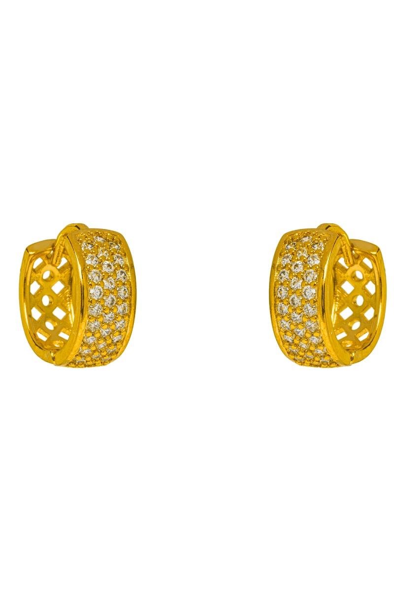 BRINCO DE ARGOLA CRAVEJADA COM TRÊS FILEIRAS DE ZIRCÔNIAS CLICK 15MM DETALHE VAZADO OURO