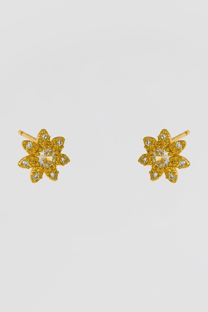 BRINCO FLOR CRAVEJADA EM ZIRCÔNIAS PONTO DE LUZ BOLEADO 7MM OURO