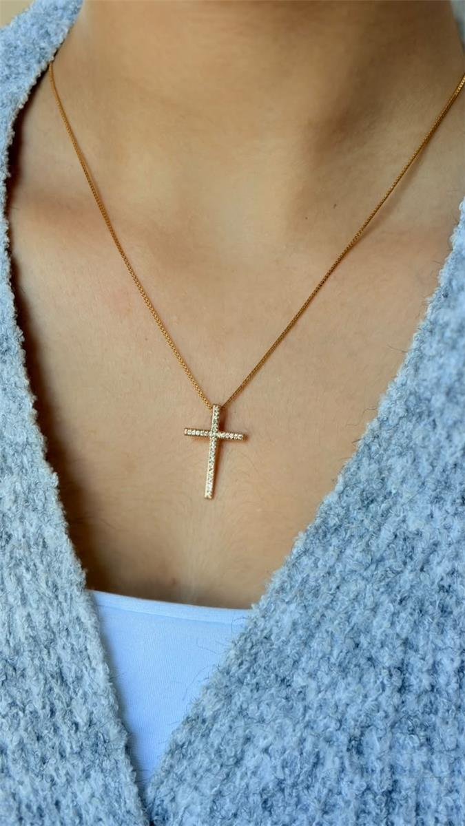 COLAR COM PINGENTE DE CRUZ CRAVEJADA EM ZIRCÔNIAS 26X16MM CORRENTE VENEZIANA 45CM OURO