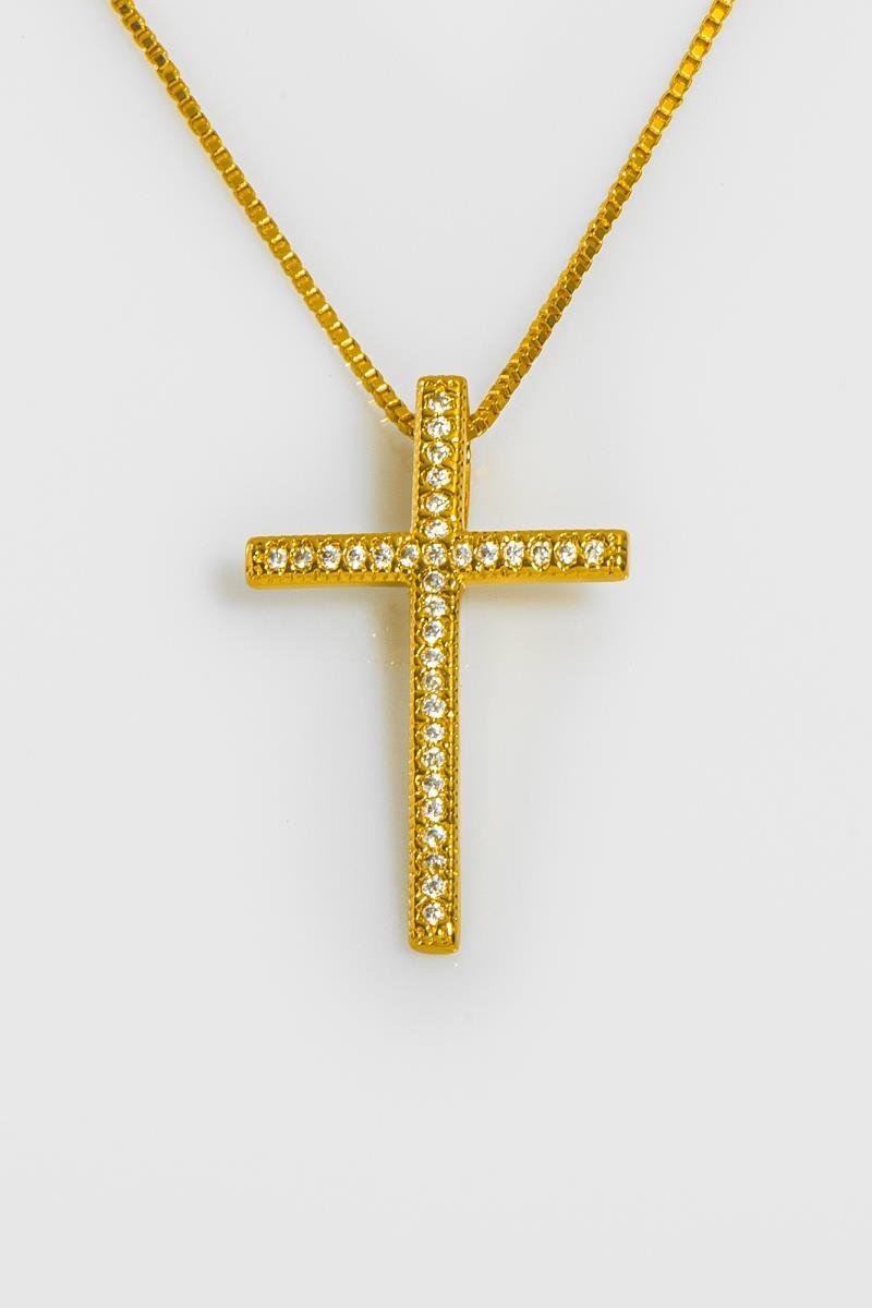 COLAR COM PINGENTE DE CRUZ CRAVEJADA EM ZIRCÔNIAS 26X16MM CORRENTE VENEZIANA 45CM OURO