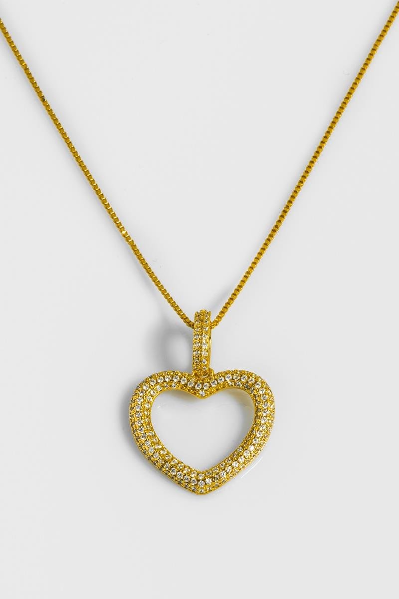 COLAR CORAÇÃO CRAVEJADO TRÊS FIOS DE ZIRCÔNIAS VAZADO CORRENTE VENEZIANA 45CM OURO