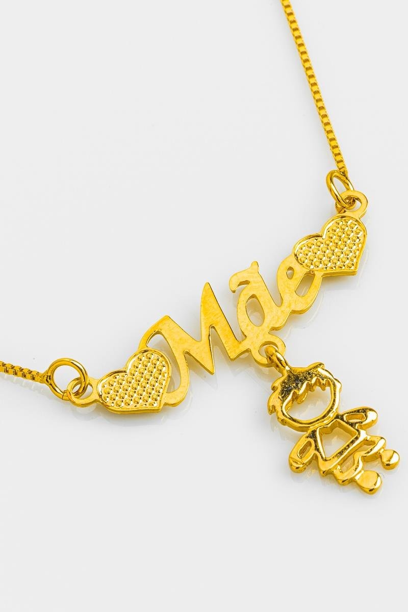 COLAR MÃE COM MENINO CORAÇÃO DIAMANTADO DUPLO CORRENTE DE 45CM OURO