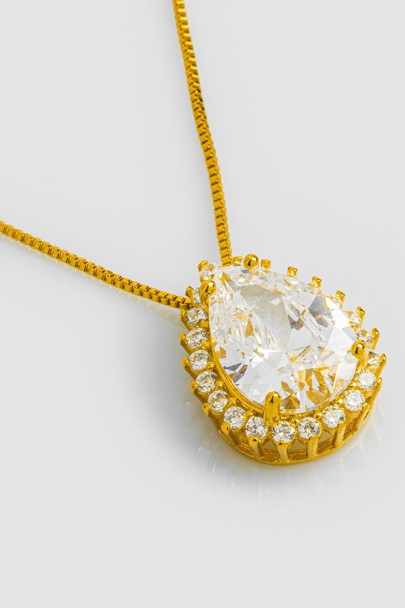 COLAR GOTA CRAVEJADA EM ZIRCÔNIAS CRISTAL 10X14MM CORRENTE VENEZIANA 42CM OURO