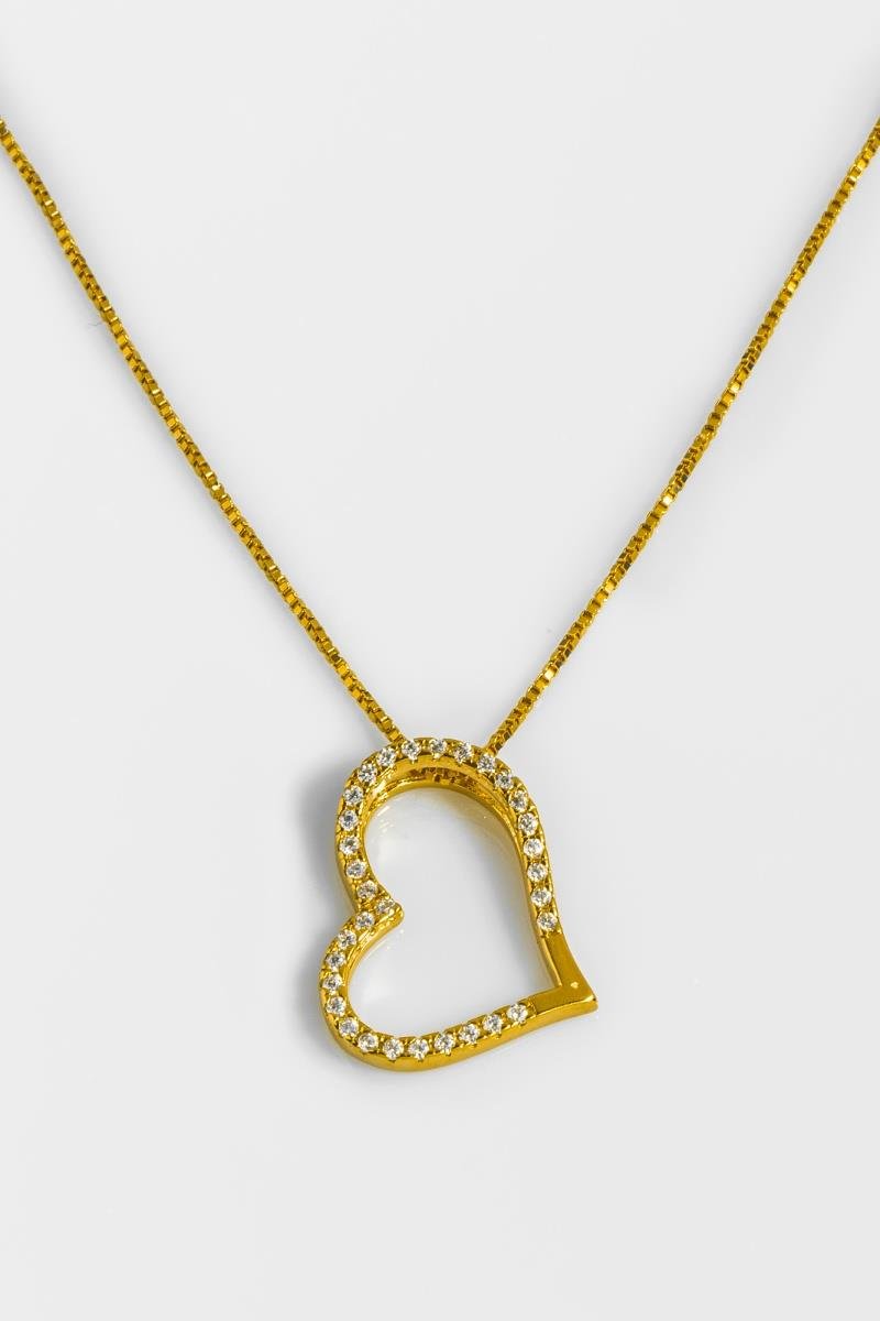 COLAR CORAÇÃO CRAVEJADO EM ZIRCÔNIAS VAZADO CORRENTE VENEZIANA 45CM OURO