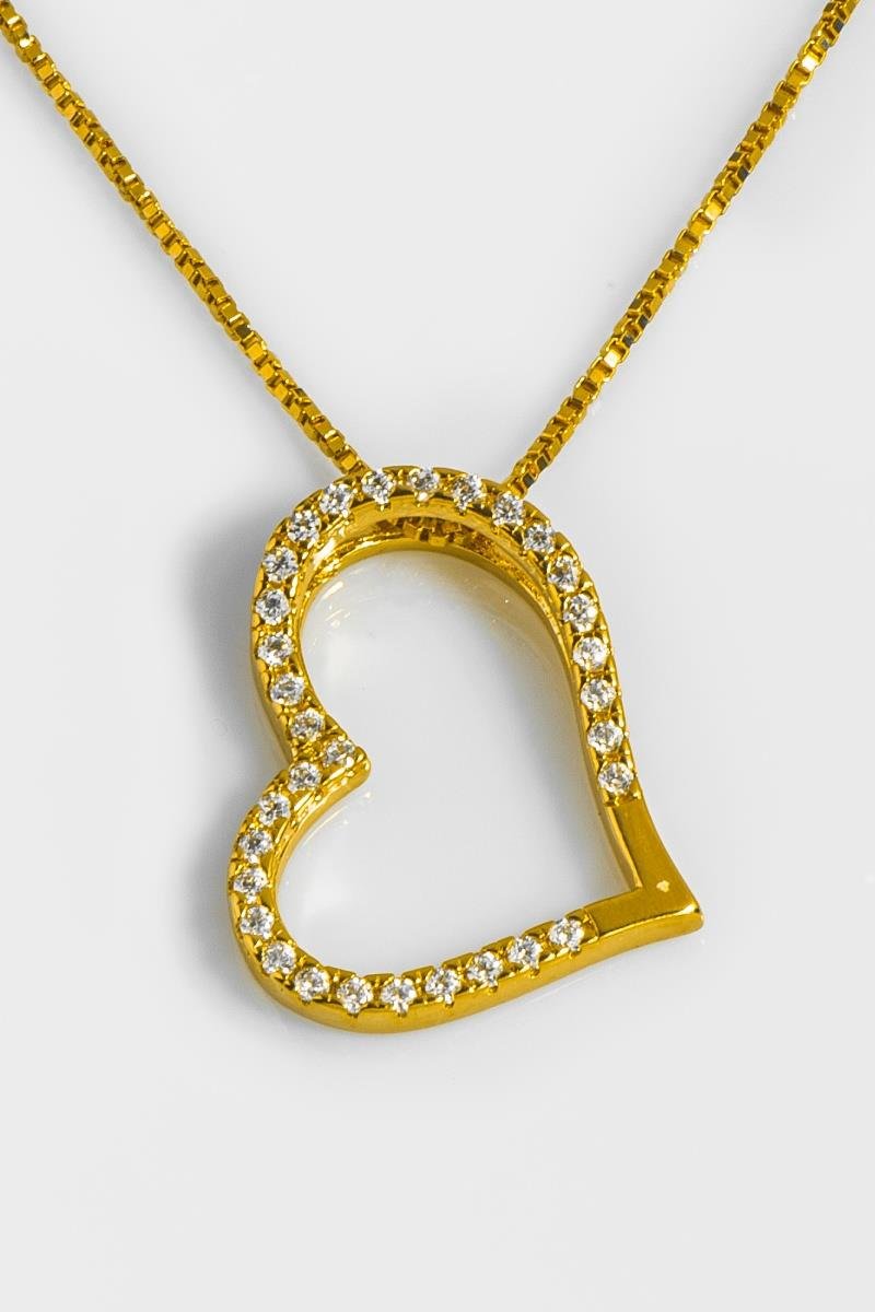 COLAR CORAÇÃO CRAVEJADO EM ZIRCÔNIAS VAZADO CORRENTE VENEZIANA 45CM OURO