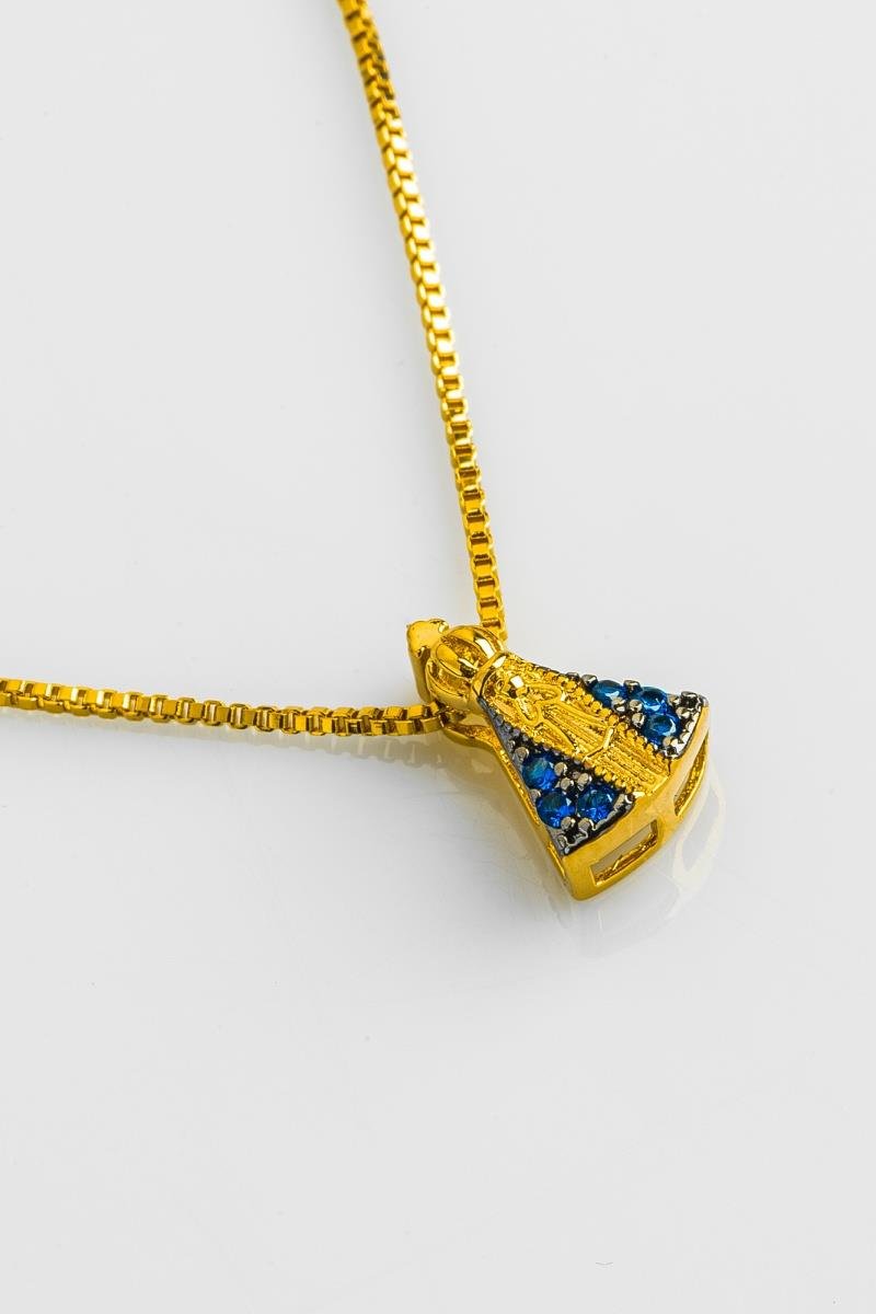 COLAR NOSSA SENHORA CRAVEJADA EM ZIRCÔNIAS SAFIRA COM RÓDIO 11MM OURO